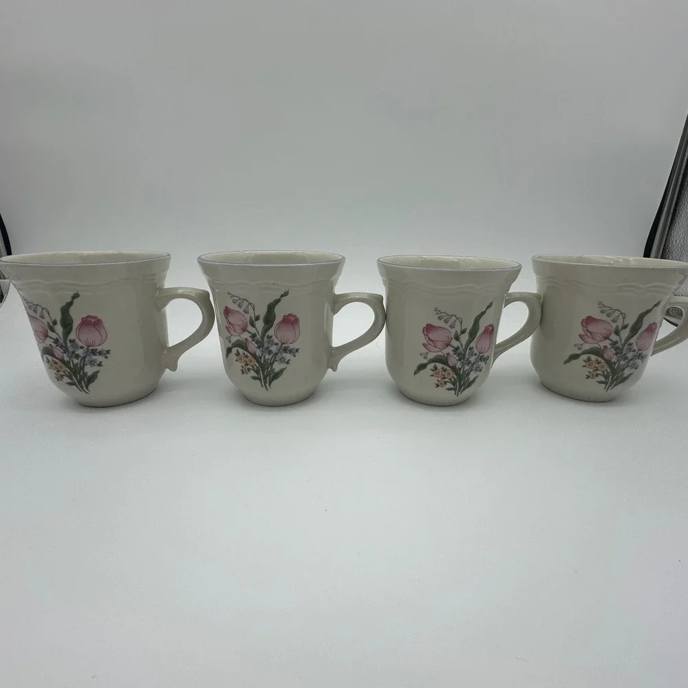 Gibson Tivoli Lafayette Cup and Saucer Set Floral Stoneware Pink Tulip 8pc